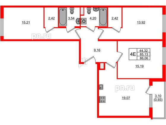 Квартира в ЖК Регенбоген, 3 комнатная, 86.06 м², 2 этаж