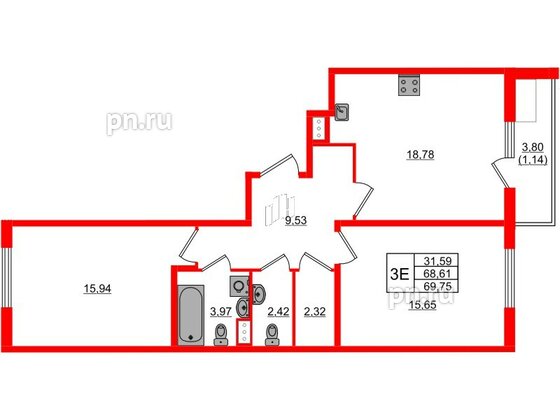 Квартира в ЖК Регенбоген, 2 комнатная, 69.75 м², 6 этаж