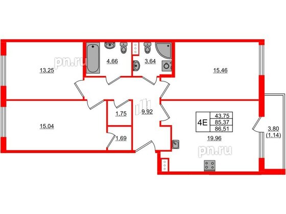 Квартира в ЖК Регенбоген, 3 комнатная, 86.51 м², 4 этаж