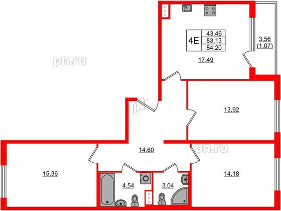 Квартира в ЖК Регенбоген, 3 комнатная, 84.2 м², 3 этаж