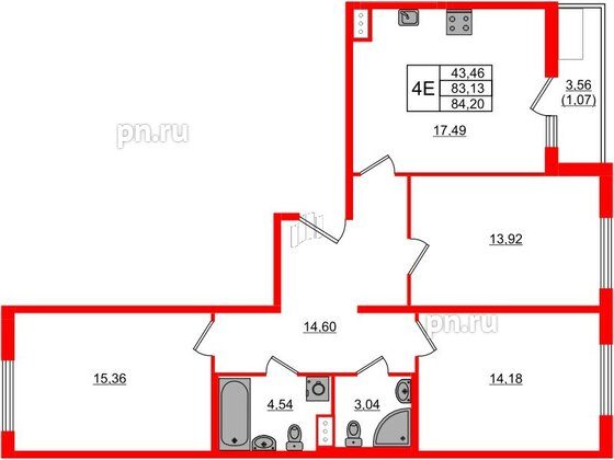 Квартира в ЖК Регенбоген, 3 комнатная, 84.2 м², 6 этаж