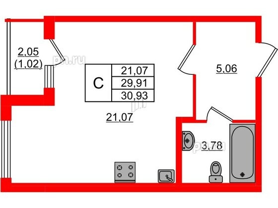 Квартира в ЖК Регенбоген, студия, 30.93 м², 2 этаж