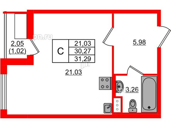 Квартира в ЖК Регенбоген, студия, 31.29 м², 6 этаж