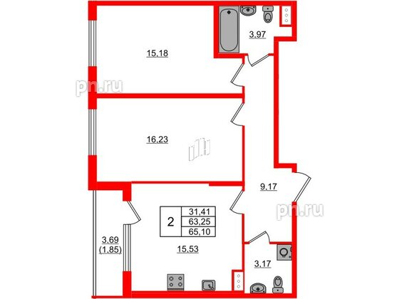 Квартира в ЖК Регенбоген, 2 комнатная, 65.1 м², 4 этаж