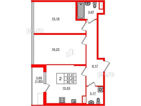 Квартира в ЖК Регенбоген, 2 комнатная, 65.1 м², 8 этаж