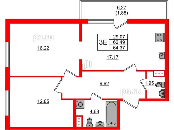 Квартира в ЖК Регенбоген, 2 комнатная, 64.37 м², 3 этаж