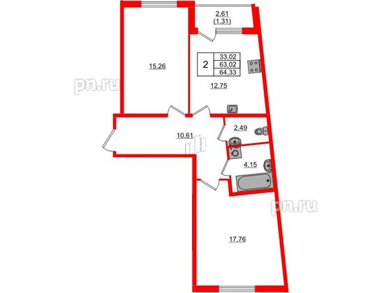 Квартира в ЖК Регенбоген, 2 комнатная, 64.33 м², 2 этаж