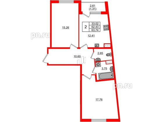 Квартира в ЖК Регенбоген, 2 комнатная, 63.74 м², 3 этаж