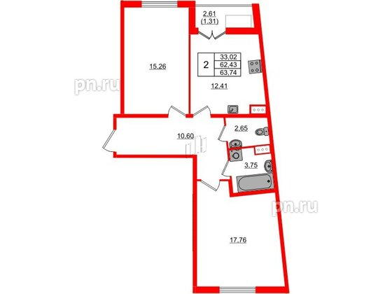 Квартира в ЖК Регенбоген, 2 комнатная, 63.74 м², 6 этаж