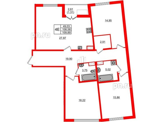 Квартира в ЖК Регенбоген, 3 комнатная, 109.89 м², 8 этаж