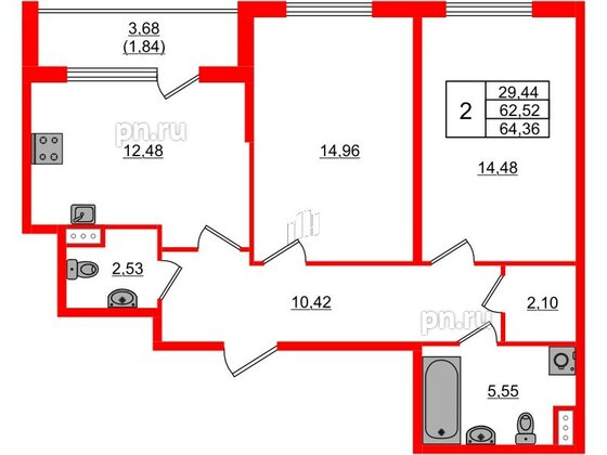 Квартира в ЖК Регенбоген, 2 комнатная, 64.36 м², 3 этаж
