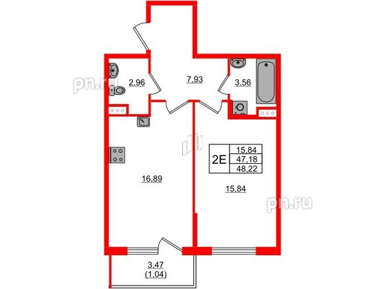 Квартира в ЖК Регенбоген, 1 комнатная, 48.22 м², 2 этаж