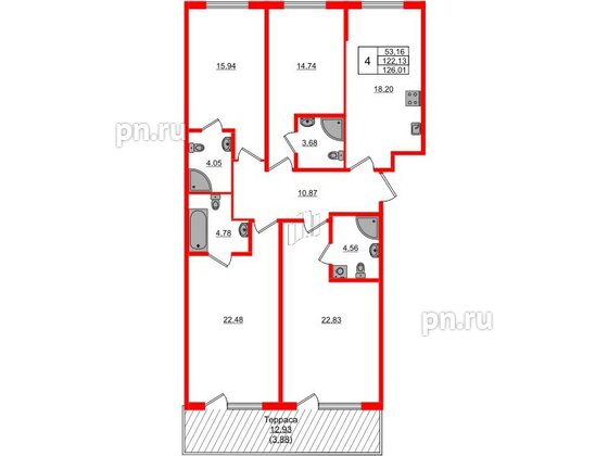 Квартира в ЖК Регенбоген, 3 комнатная, 126.01 м², 1 этаж