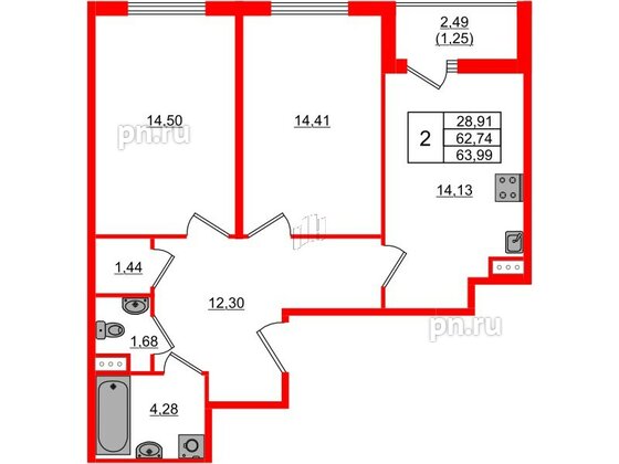 Квартира в ЖК Регенбоген, 2 комнатная, 63.99 м², 2 этаж