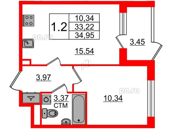 Квартира в ЖК 'Дворцовый фасад', 1 комнатная, 33.22 м², 1 этаж