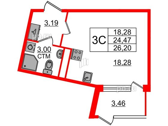 Квартира в ЖК 'Дворцовый фасад', студия, 24.47 м², 1 этаж