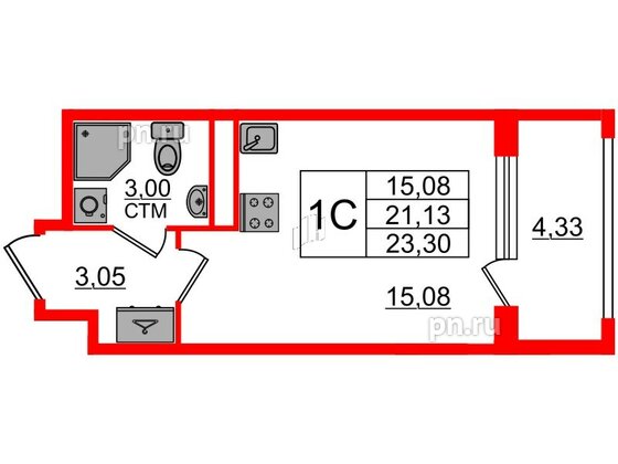 Квартира в ЖК 'Дворцовый фасад', студия, 21.13 м², 1 этаж