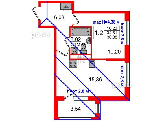 Квартира в ЖК 'Дворцовый фасад', 1 комнатная, 34.61 м², 4 этаж