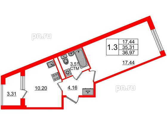 Квартира в ЖК 'Дворцовый фасад', 1 комнатная, 35.31 м², 1 этаж