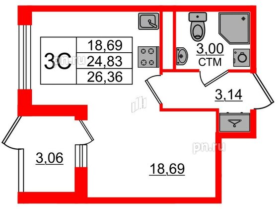 Квартира в ЖК «Дворцовый фасад», студия, 24.83 м², 1 этаж