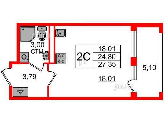 Квартира в ЖК 'Дворцовый фасад', студия, 24.8 м², 1 этаж