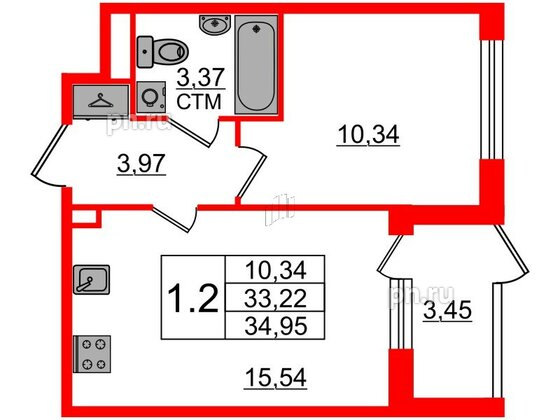 Квартира в ЖК 'Дворцовый фасад', 1 комнатная, 33.22 м², 1 этаж