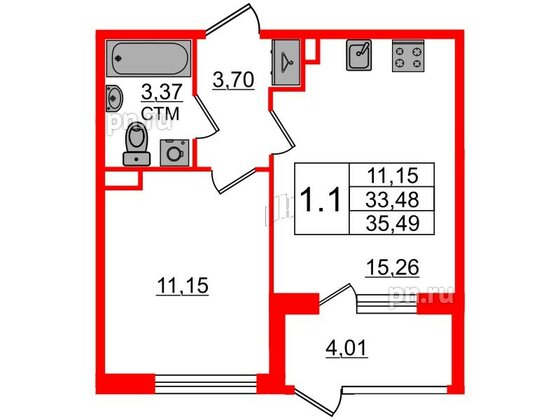 Квартира в ЖК 'Дворцовый фасад', 1 комнатная, 33.48 м², 1 этаж