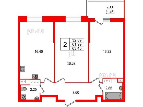 Квартира в ЖК Аквилон Stories, 2 комнатная, 63.45 м², 12 этаж