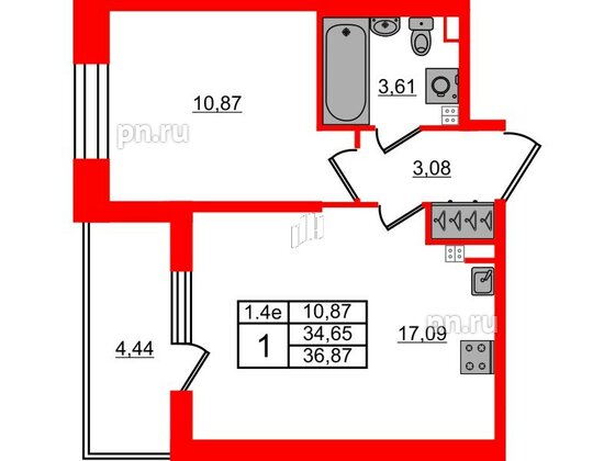 Квартира в ЖК «Парадный ансамбль», 1 комнатная, 34.65 м², 3 этаж