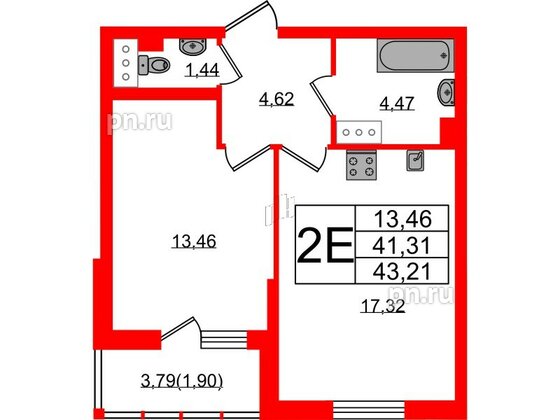 Квартира в ЖК Левитан, 1 комнатная, 43.21 м², 12 этаж