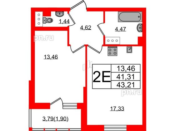 Квартира в ЖК Левитан, 1 комнатная, 43.21 м², 14 этаж