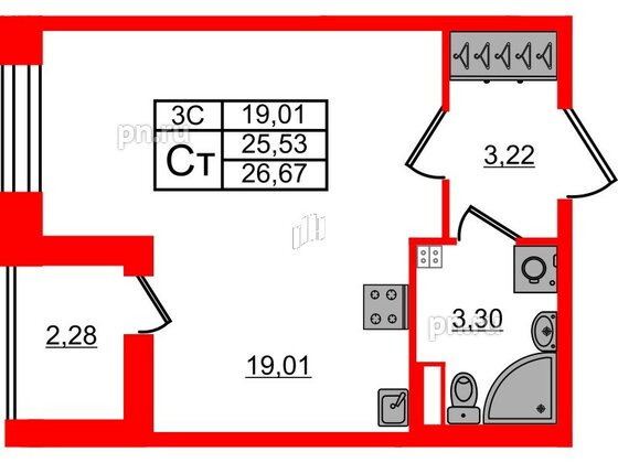 Квартира в ЖК «Парадный ансамбль», студия, 25.53 м², 2 этаж