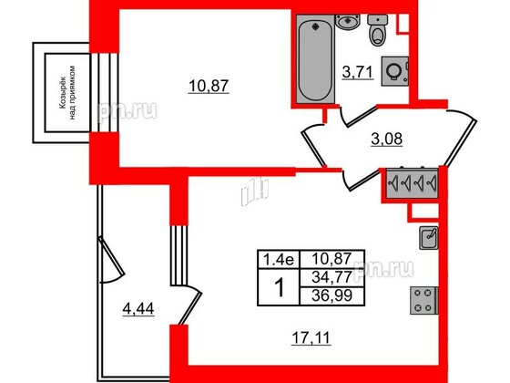 Квартира в ЖК 'Парадный ансамбль', 1 комнатная, 34.77 м², 1 этаж