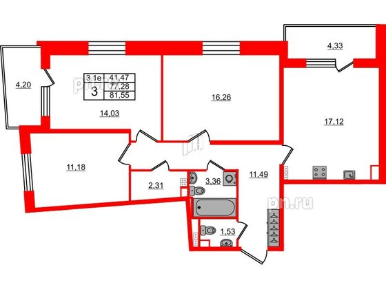 Квартира в ЖК 'Парадный ансамбль', 3 комнатная, 77.28 м², 3 этаж