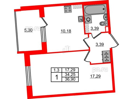 Квартира в ЖК «Парадный ансамбль», 1 комнатная, 34.25 м², 5 этаж