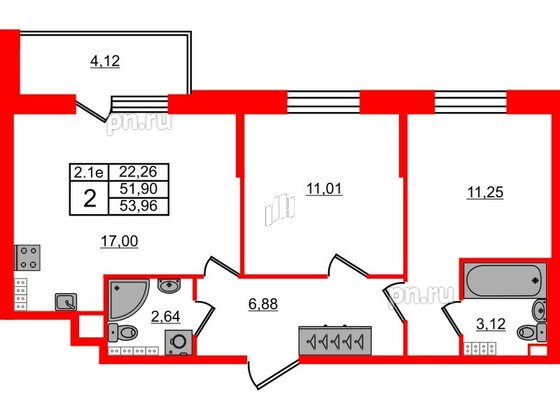 Квартира в ЖК «Парадный ансамбль», 2 комнатная, 51.9 м², 5 этаж