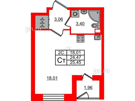 Квартира в ЖК 'Парадный ансамбль', студия, 24.47 м², 1 этаж