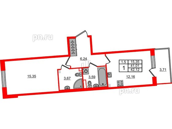 Квартира в ЖК «Парадный ансамбль», 1 комнатная, 41.01 м², 2 этаж