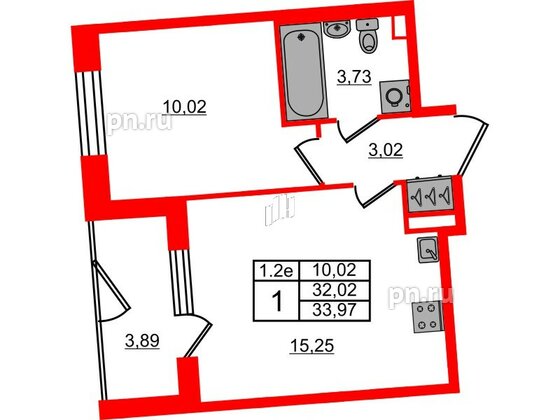 Квартира в ЖК 'Парадный ансамбль', 1 комнатная, 32.02 м², 1 этаж