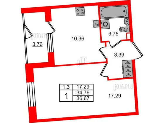 Квартира в ЖК «Парадный ансамбль», 1 комнатная, 34.79 м², 1 этаж