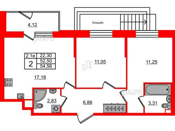 Квартира в ЖК 'Парадный ансамбль', 2 комнатная, 52.5 м², 1 этаж