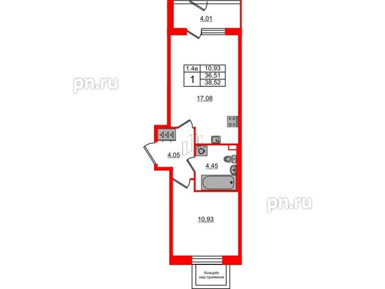 Квартира в ЖК «Парадный ансамбль», 1 комнатная, 36.51 м², 1 этаж