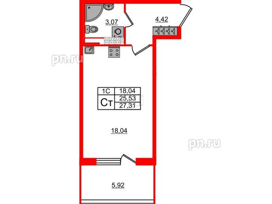 Квартира в ЖК «Парадный ансамбль», студия, 25.53 м², 4 этаж