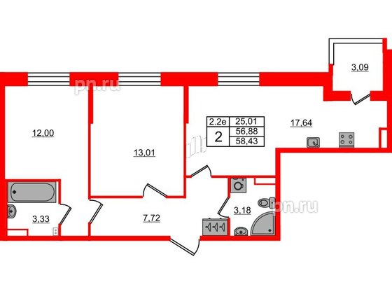 Квартира в ЖК «Парадный ансамбль», 2 комнатная, 56.88 м², 2 этаж