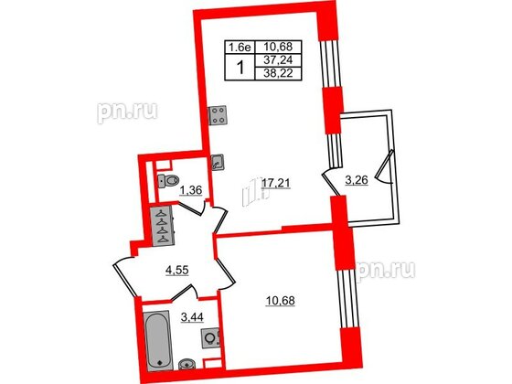 Квартира в ЖК «Парадный ансамбль», 1 комнатная, 37.24 м², 1 этаж