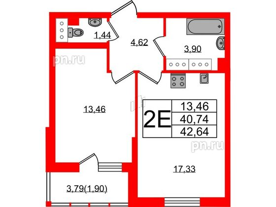 Квартира в ЖК Левитан, 1 комнатная, 42.64 м², 20 этаж