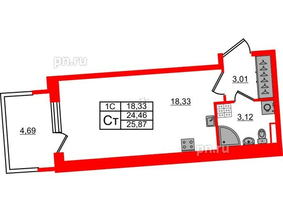 Квартира в ЖК 'Парадный ансамбль', студия, 24.46 м², 4 этаж