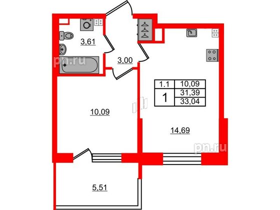 Квартира в ЖК «Парадный ансамбль», 1 комнатная, 31.39 м², 3 этаж