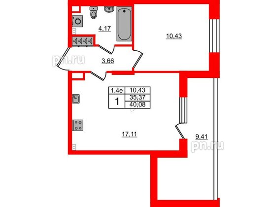 Квартира в ЖК «Парадный ансамбль», 1 комнатная, 35.37 м², 3 этаж