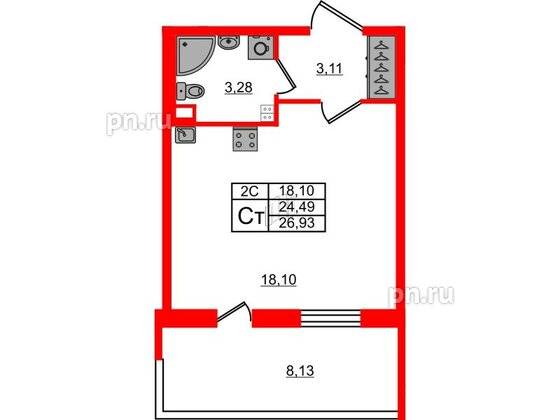 Квартира в ЖК «Парадный ансамбль», студия, 24.49 м², 3 этаж